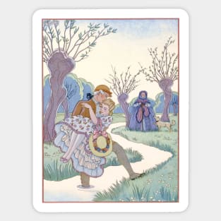 Gentleman carrying a girl across a stream Sticker